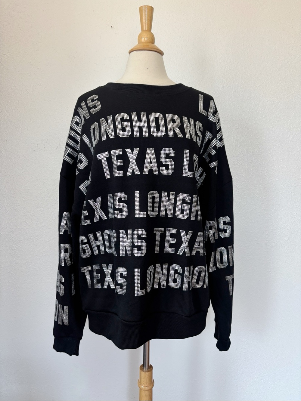 Black Texas Longhorns Silver Rhinestone Embellished Oversized Graphic Sweatshirt